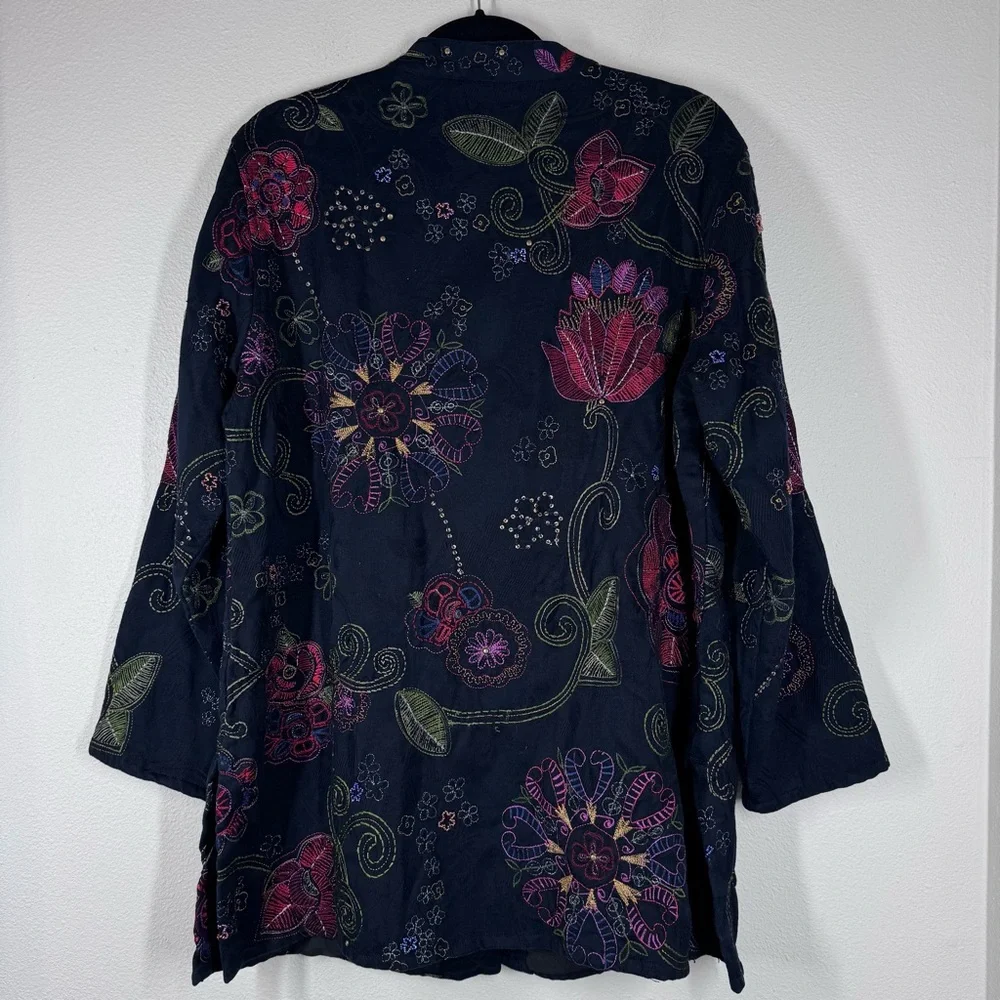 Chico's Artsy Embroidered Jacket Colorful Floral Beaded Studs Black Long Medium - Picture 5 of 6